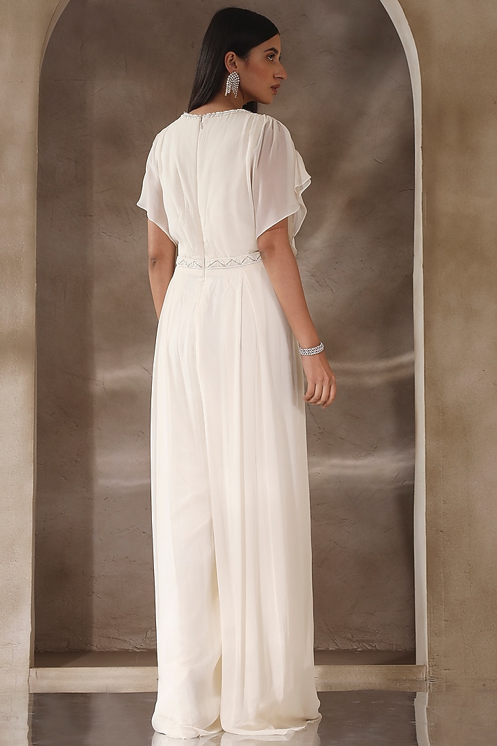 Ivory Georgette Embroidered Jumpsuit by Seema Thukral at Pernia's Pop Up Shop