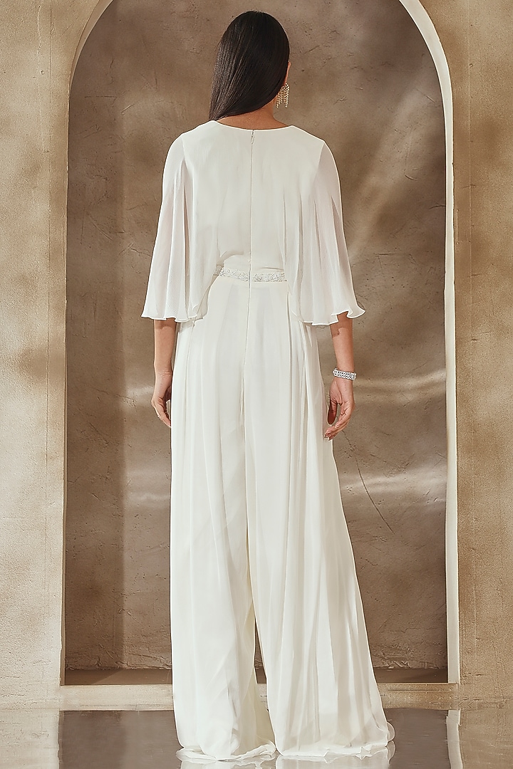 Ivory Georgette Embroidered Draped Jumpsuit by Seema Thukral at Pernia's Pop Up Shop