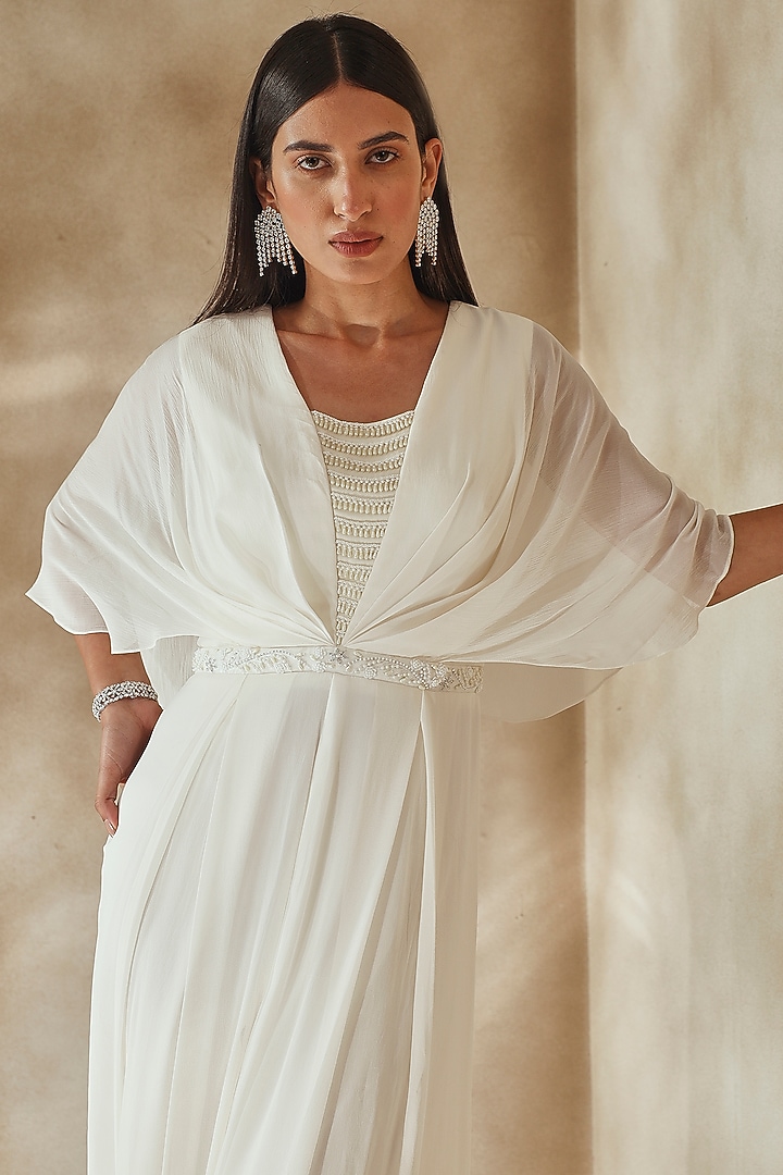 Ivory Georgette Embroidered Draped Jumpsuit by Seema Thukral at Pernia's Pop Up Shop