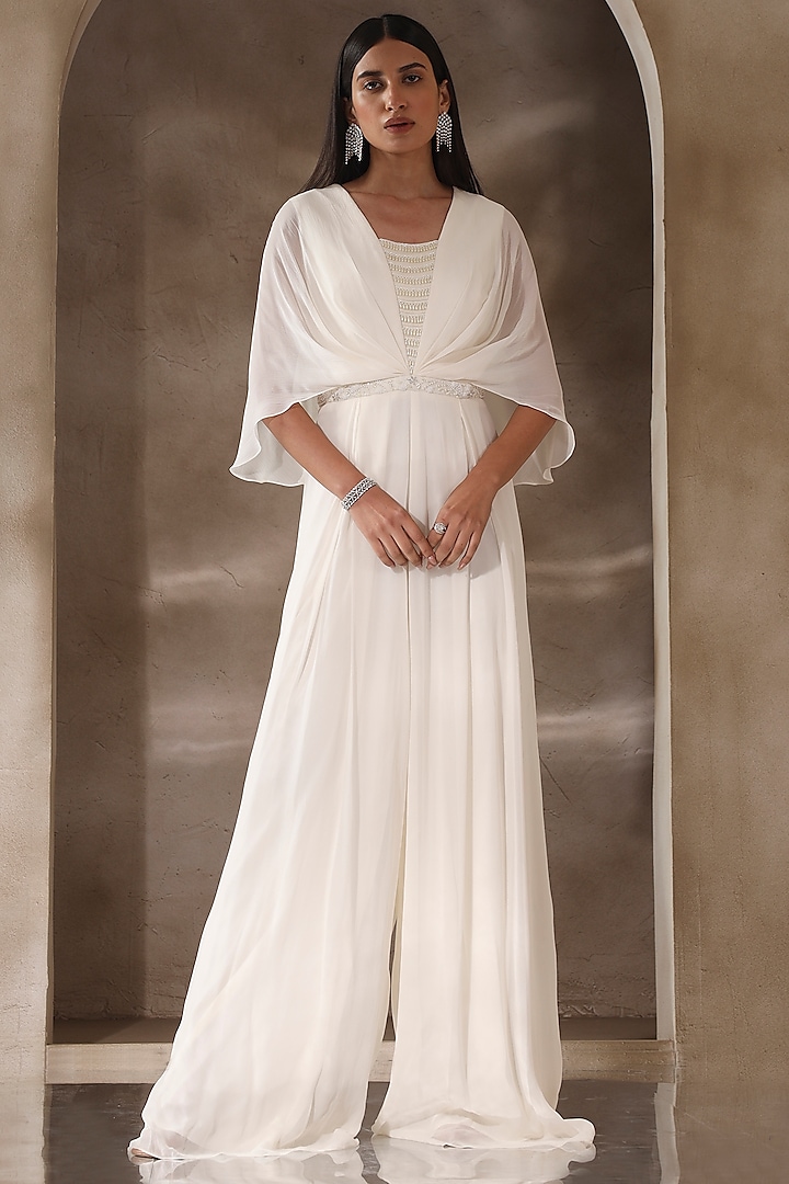 Ivory Georgette Embroidered Draped Jumpsuit by Seema Thukral at Pernia's Pop Up Shop