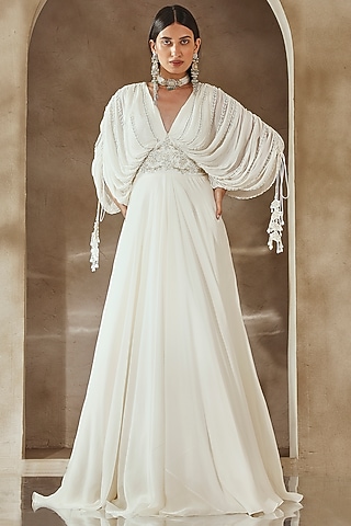 Ivory Georgette Embroidered Gown With Belt by Seema Thukral