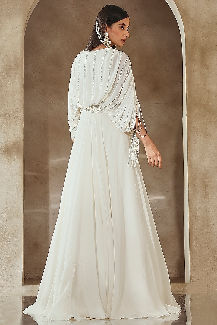Ivory Georgette Embroidered Engagement Gown With Belt by Seema Thukral at Pernia's Pop Up Shop