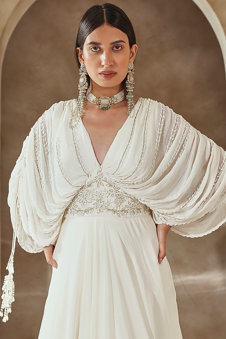 Ivory Georgette Embroidered Engagement Gown With Belt by Seema Thukral at Pernia's Pop Up Shop