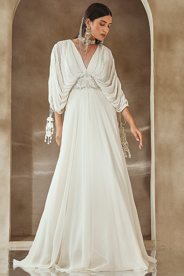 Ivory Georgette Embroidered Engagement Gown With Belt by Seema Thukral at Pernia's Pop Up Shop