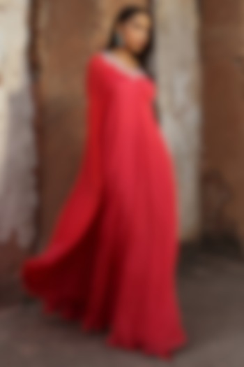 Coral Pink Chiffon Sequins Hand Embellished One-Shoulder Kaftan by Seema Thukral at Pernia's Pop Up Shop