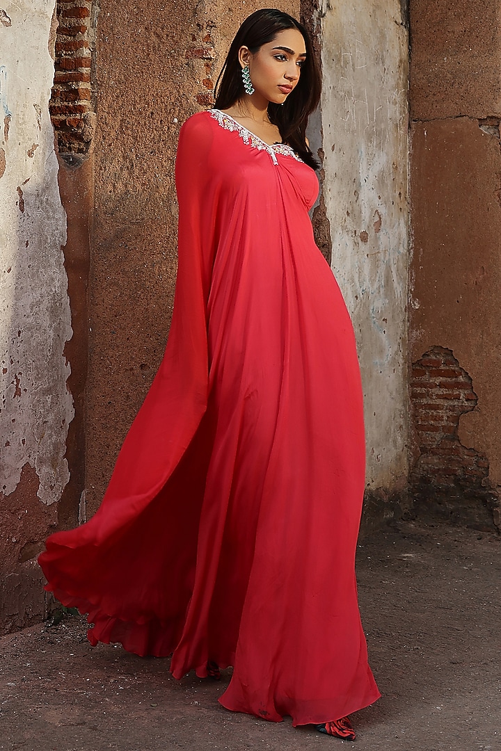 Coral Pink Chiffon Sequins Hand Embellished One-Shoulder Kaftan by Seema Thukral at Pernia's Pop Up Shop