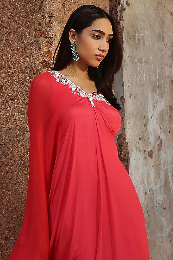 Coral Pink Chiffon Sequins Hand Embellished One-Shoulder Kaftan by Seema Thukral at Pernia's Pop Up Shop