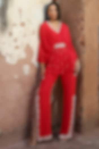 Coral Pink Georgette Hand Embellished Co-Ord Set by Seema Thukral at Pernia's Pop Up Shop