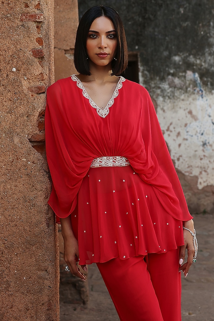 Coral Pink Georgette Hand Embellished Co-Ord Set by Seema Thukral at Pernia's Pop Up Shop