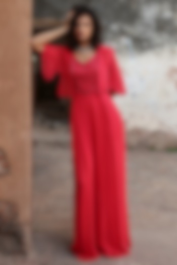 Carrot Pink Georgette Aari Embellished Jumpsuit by Seema Thukral at Pernia's Pop Up Shop