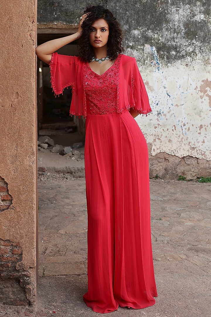Carrot Pink Georgette Aari Embellished Jumpsuit by Seema Thukral at Pernia's Pop Up Shop