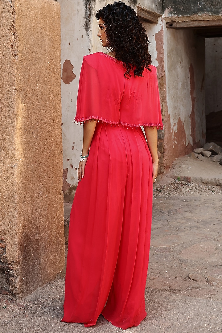 Carrot Pink Georgette Aari Embellished Jumpsuit by Seema Thukral at Pernia's Pop Up Shop