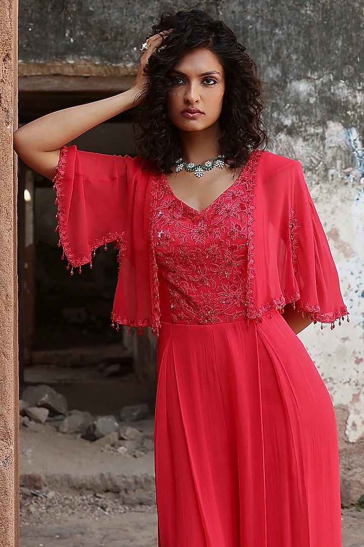 Carrot Pink Georgette Aari Embellished Jumpsuit by Seema Thukral at Pernia's Pop Up Shop
