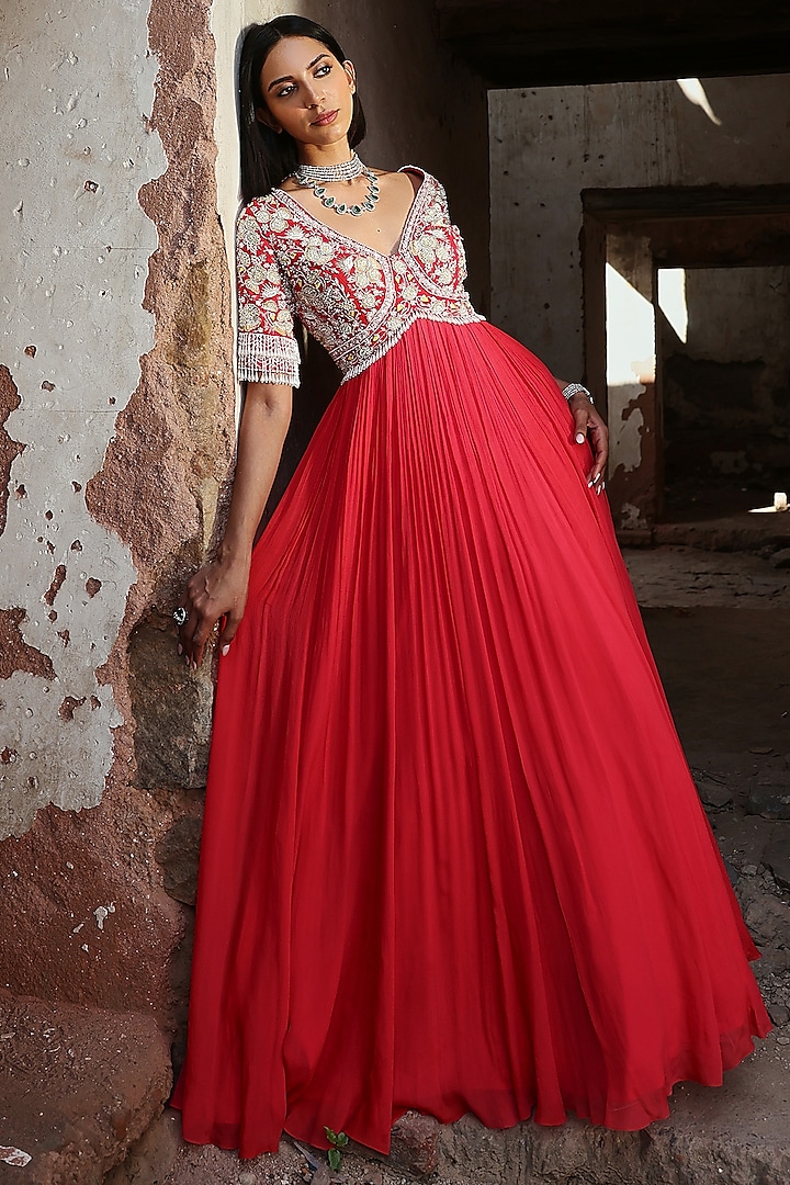 Coral Pink Georgette Sequins Hand Embellished Anarkali Set by Seema Thukral at Pernia's Pop Up Shop