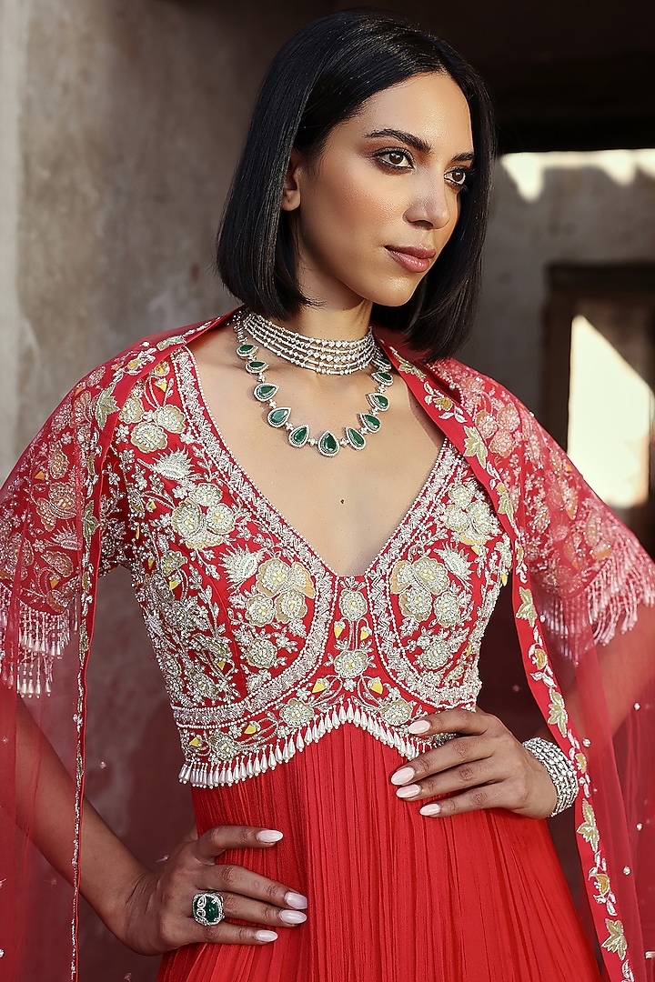 Coral Pink Georgette Sequins Hand Embellished Wedding Anarkali Set by Seema Thukral at Pernia's Pop Up Shop