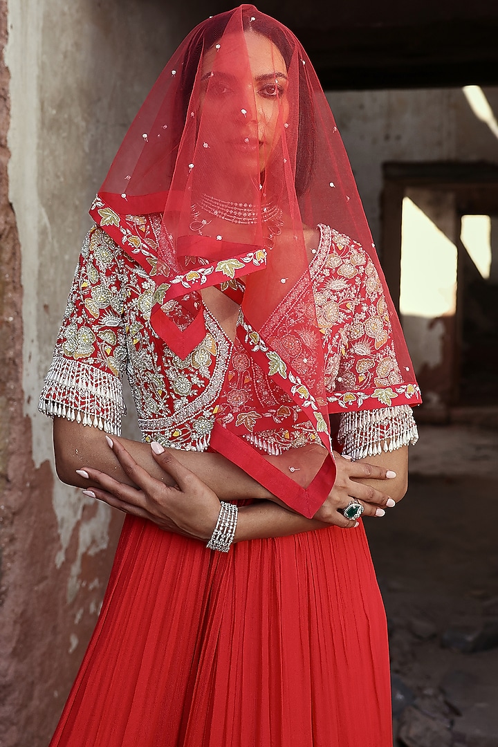Coral Pink Georgette Sequins Hand Embellished Wedding Anarkali Set by Seema Thukral at Pernia's Pop Up Shop