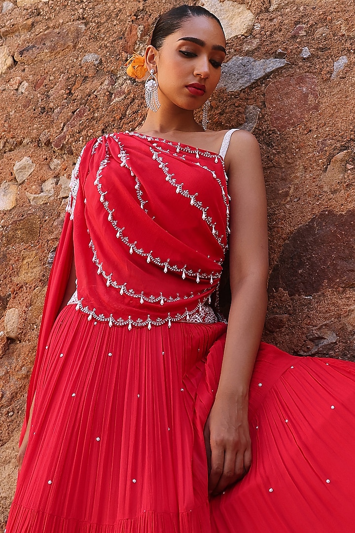 Coral Pink Chiffon Sequins Embellished Tiered Skirt Set by Seema Thukral at Pernia's Pop Up Shop