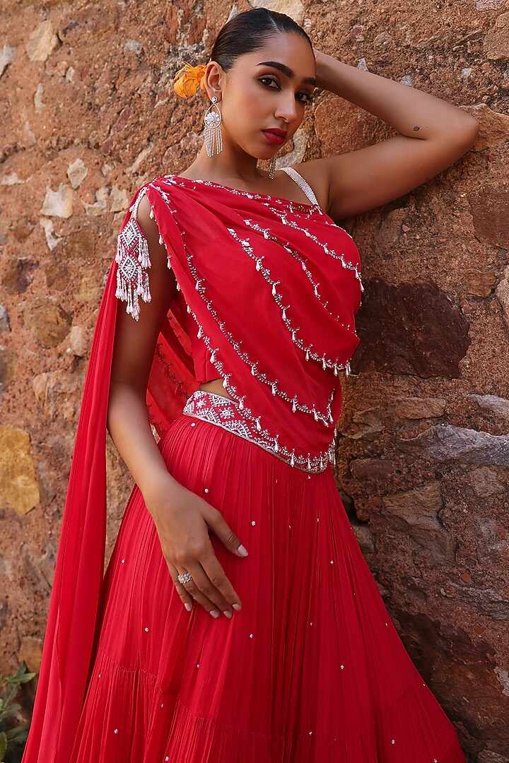 Coral Pink Chiffon Sequins Embellished Tiered Skirt Set by Seema Thukral at Pernia's Pop Up Shop