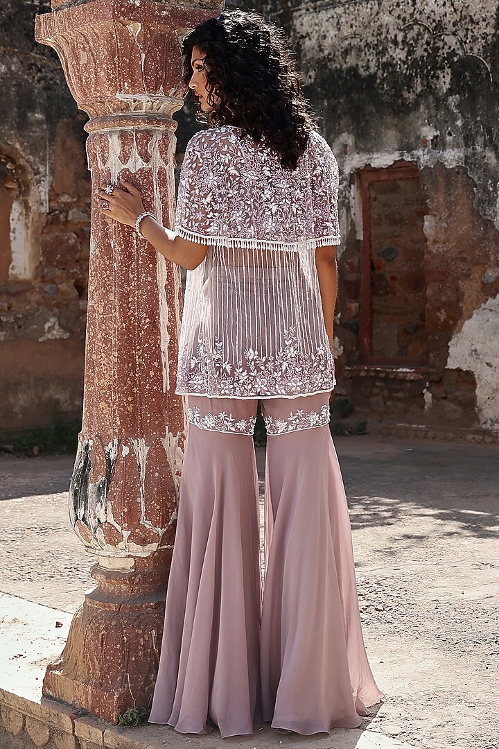 Lilac Georgette Aari Embellished Gharara Set by Seema Thukral at Pernia's Pop Up Shop