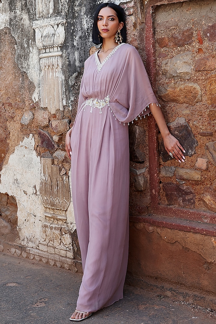 Lilac Georgette Sequins Hand Embroidered Pleated Draped Jumpsuit by Seema Thukral
