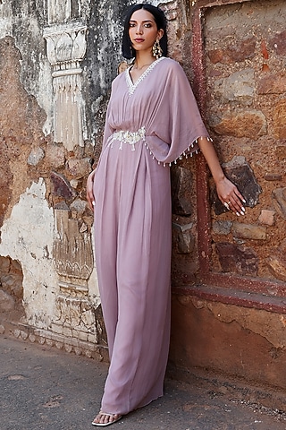 Lilac Georgette Sequins Hand Embroidered Pleated Draped Jumpsuit by Seema Thukral