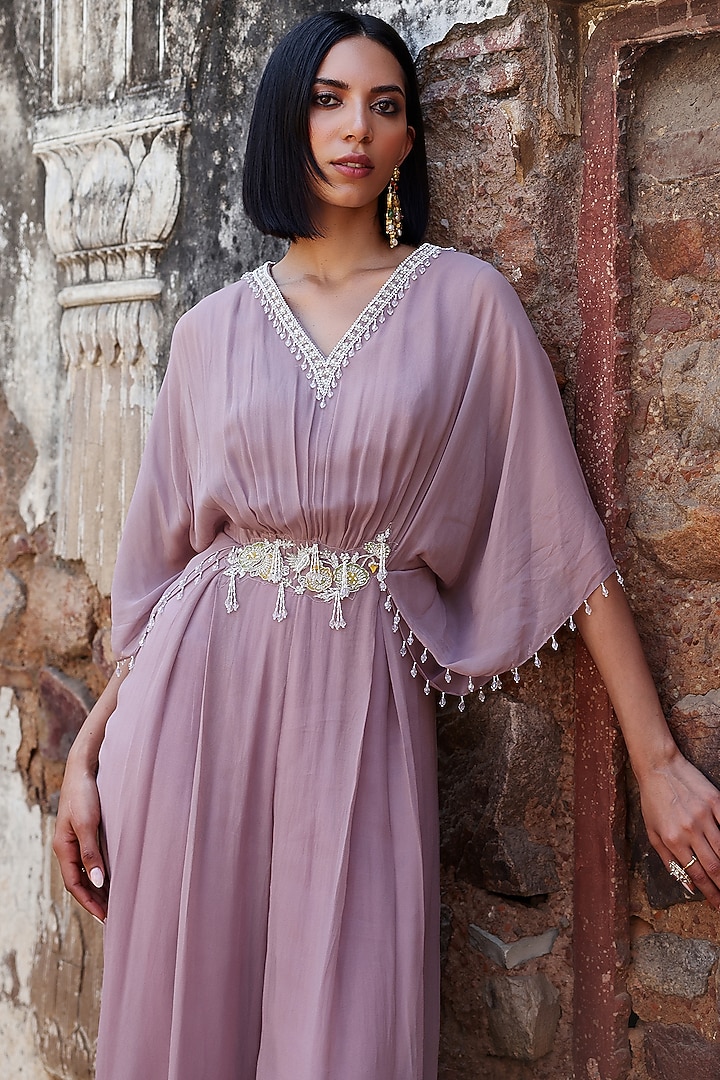 Lilac Georgette Sequins Hand Embroidered Pleated Draped Jumpsuit by Seema Thukral at Pernia's Pop Up Shop