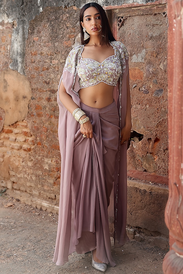 Lilac Georgette Sequins Hand Embroidered Draped Skirt Set by Seema Thukral at Pernia's Pop Up Shop