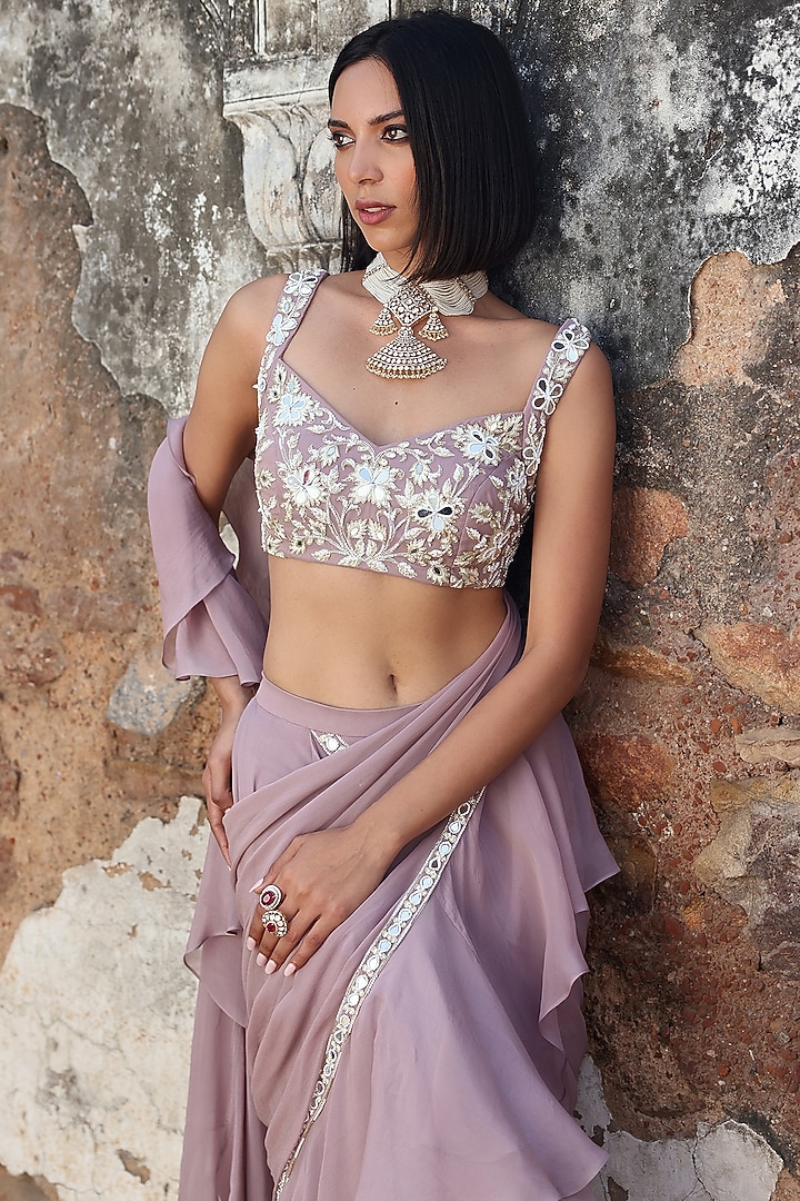 Lilac Georgette Machine & Hand Embroidered Pre-Draped Ruffled Wedding Saree Set by Seema Thukral at Pernia's Pop Up Shop