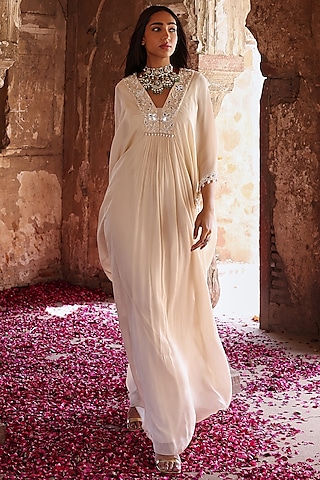 Ivory Chiffon Mirror Embellished Draped Kaftan by Seema Thukral
