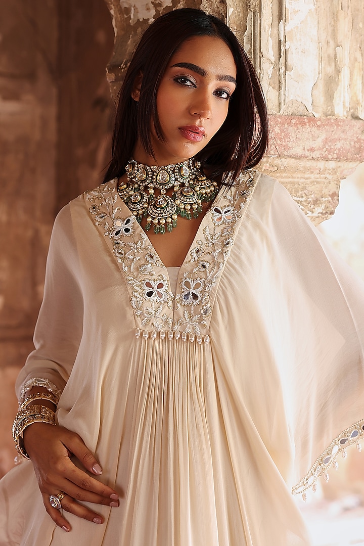 Ivory Chiffon Mirror Embellished Draped Kaftan by Seema Thukral at Pernia's Pop Up Shop