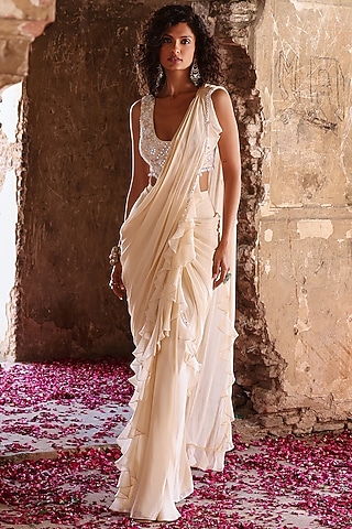 Ivory Georgette & Organza Mirror Embellished Pre-Stitched Ruffled Saree Set by Seema Thukral