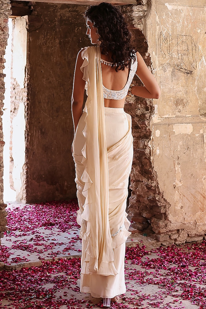 Ivory Georgette & Organza Mirror Embellished Pre-Stitched Ruffled Wedding Saree Set by Seema Thukral at Pernia's Pop Up Shop
