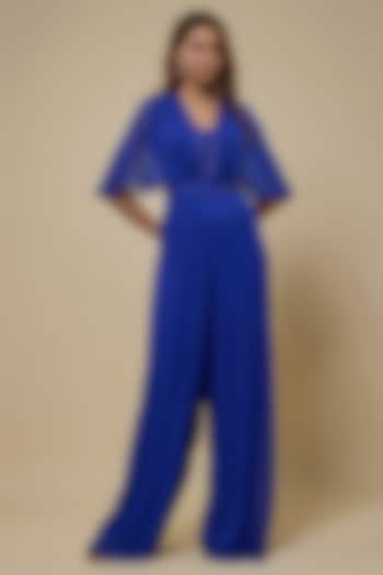 Blue Georgette Embellished Draped Jumpsuit by Seema Thukral at Pernia's Pop Up Shop