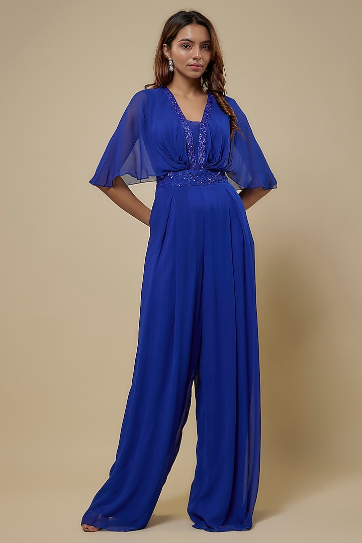 Blue Georgette Embellished Draped Jumpsuit by Seema Thukral at Pernia's Pop Up Shop