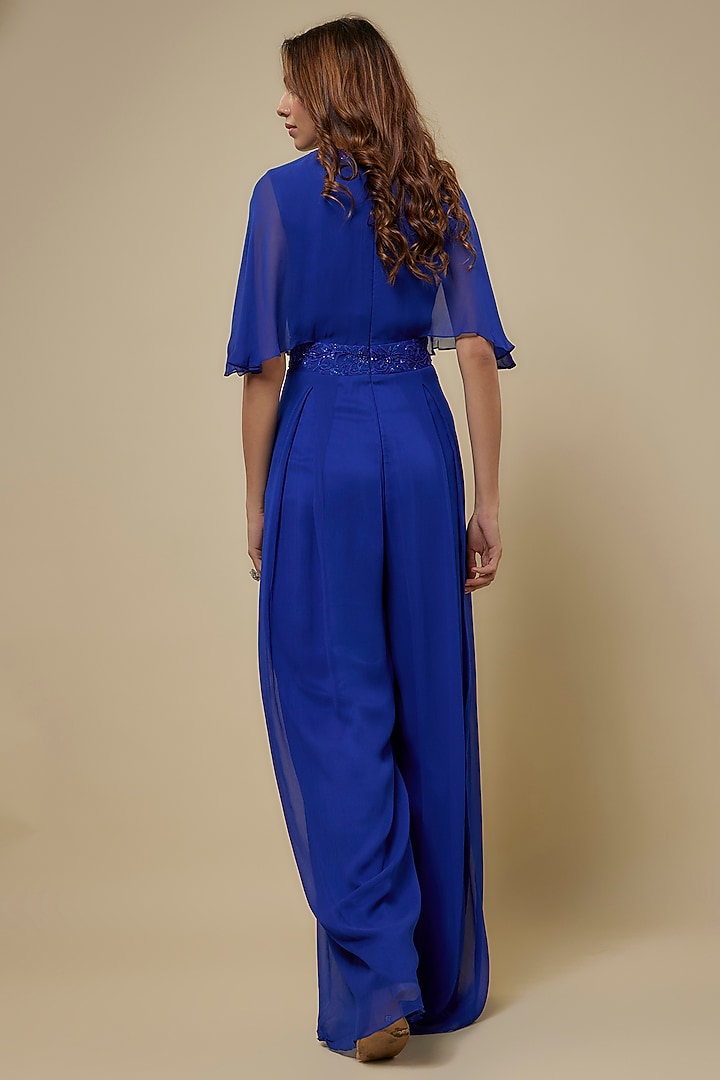 Blue Georgette Embellished Draped Jumpsuit by Seema Thukral at Pernia's Pop Up Shop