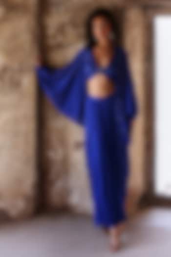 Electric Blue Georgette Sequins Embellished Draped Skirt Set by Seema Thukral at Pernia's Pop Up Shop