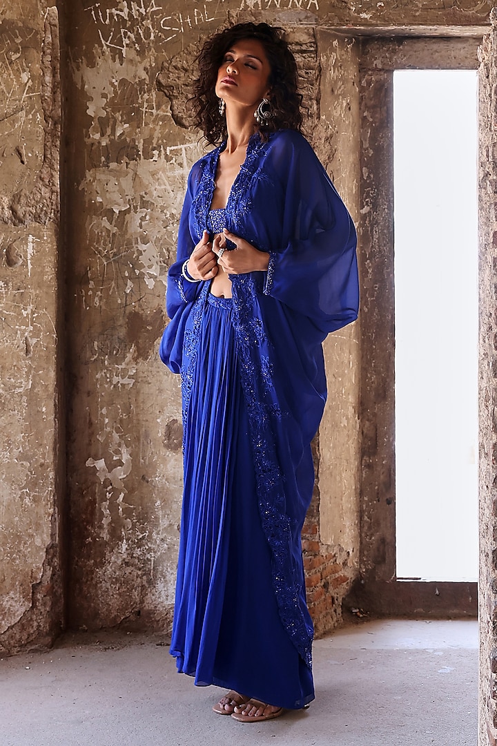 Electric Blue Georgette Sequins Embellished Draped Skirt Set by Seema Thukral at Pernia's Pop Up Shop