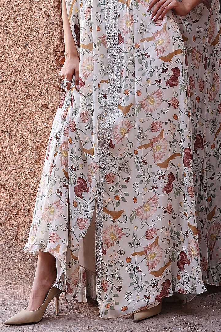 Ivory Georgette Printed & Pearl Embellished Kaftan by Seema Thukral at Pernia's Pop Up Shop