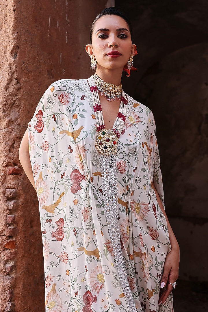 Ivory Georgette Printed & Pearl Embellished Kaftan by Seema Thukral at Pernia's Pop Up Shop