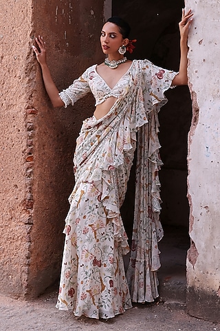 Ivory Georgette Printed & Embellished Pre-Stitched Ruffle Saree Set by Seema Thukral