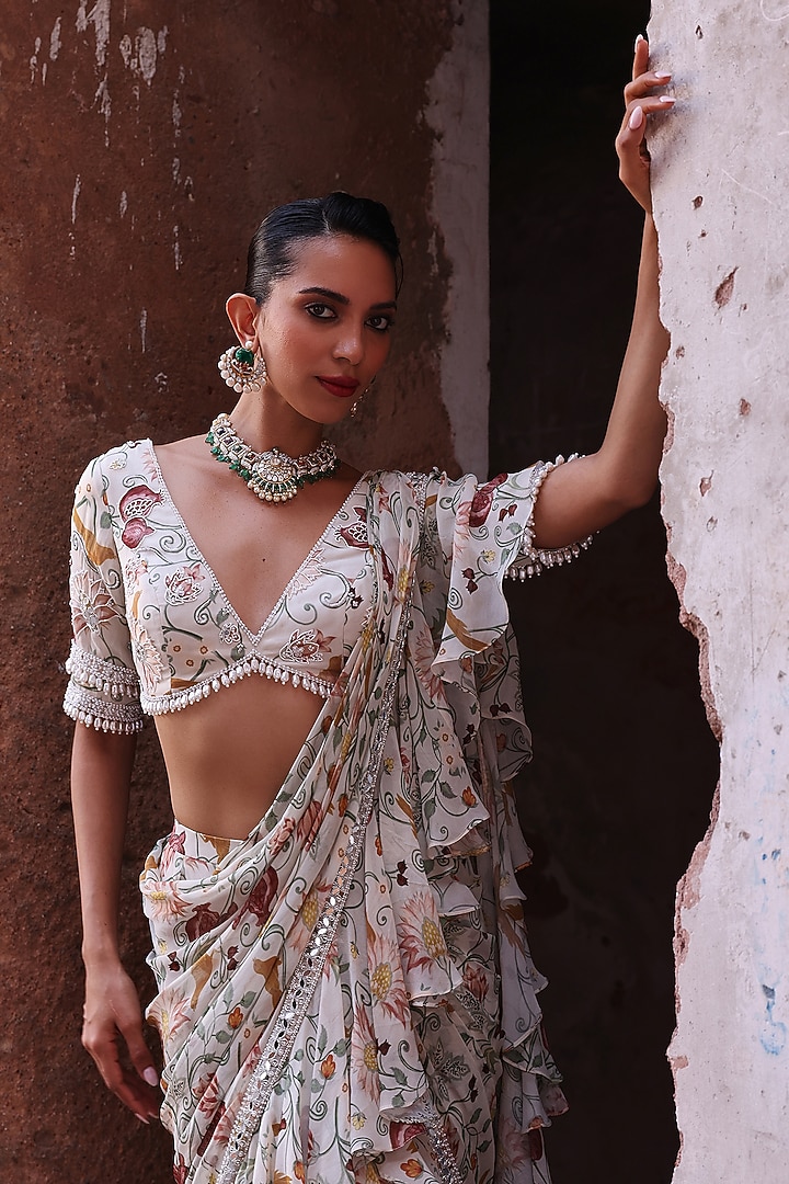 Ivory Georgette Printed & Embellished Pre-Stitched Ruffle Wedding Saree Set by Seema Thukral at Pernia's Pop Up Shop