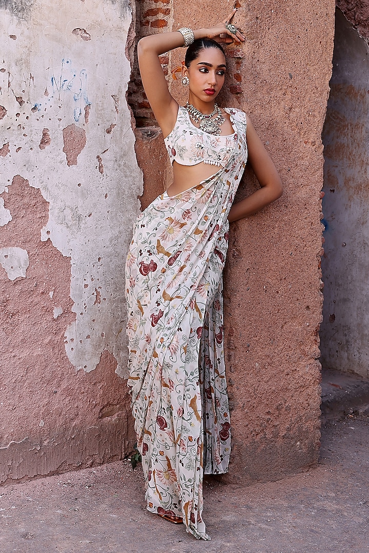 Ivory Georgette Printed Pre-Stitched Saree Set by Seema Thukral