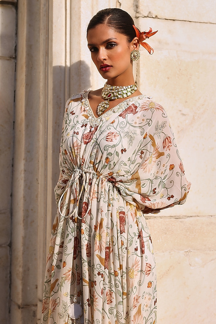 Ivory Georgette Printed & Pearl Embellished Draped Kaftan by Seema Thukral at Pernia's Pop Up Shop