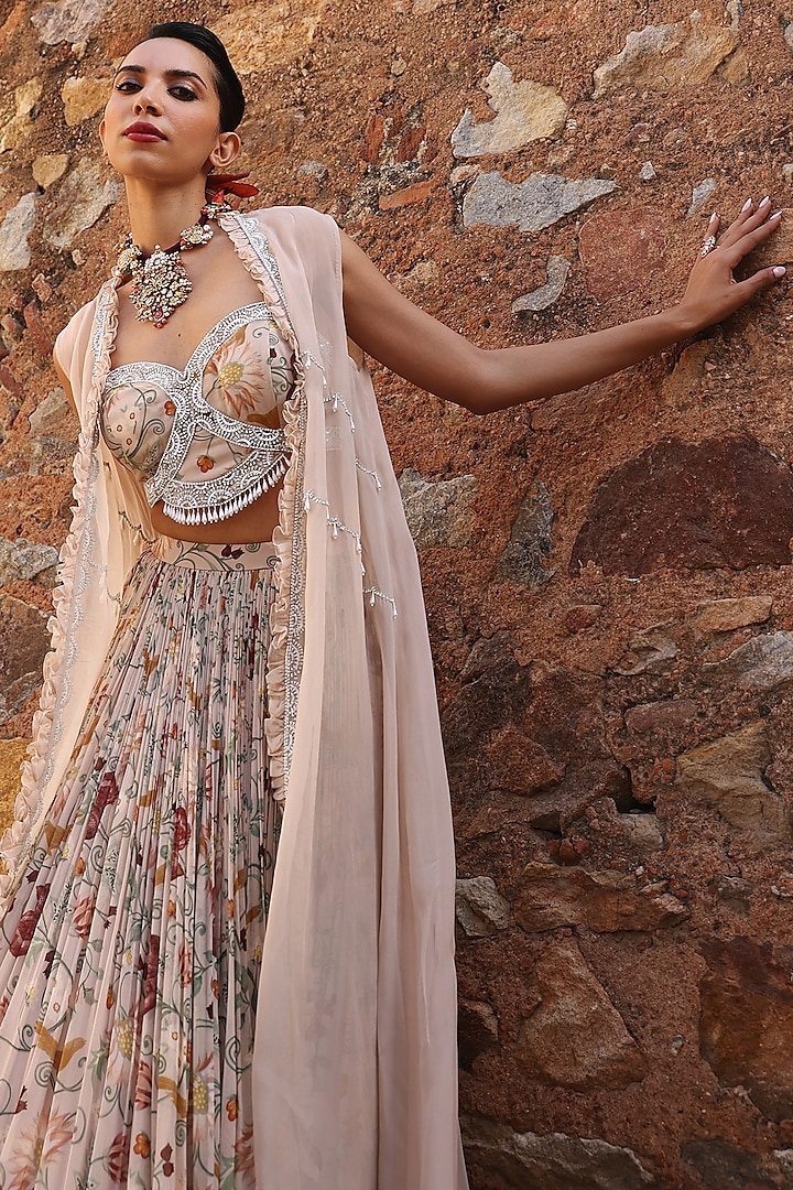Blush Pink Georgette Printed Jacket Wedding Lehenga Set by Seema Thukral at Pernia's Pop Up Shop