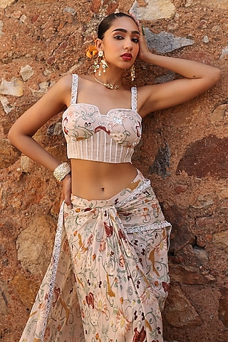 Blush Pink Georgette Printed & Zari Embellished Draped Skirt Set by Seema Thukral