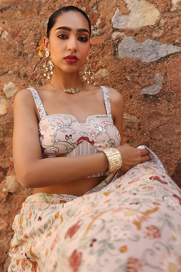 Blush Pink Georgette Printed & Zari Embellished Draped Skirt Set by Seema Thukral at Pernia's Pop Up Shop