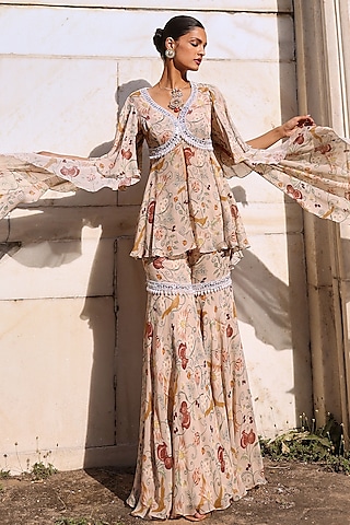 Blush Pink Georgette Printed & Embellished Gharara Set by Seema Thukral