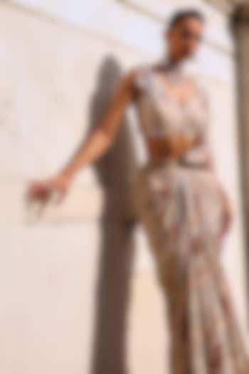 Blush Pink Georgette Printed Draped Skirt Wedding Saree Set by Seema Thukral at Pernia's Pop Up Shop