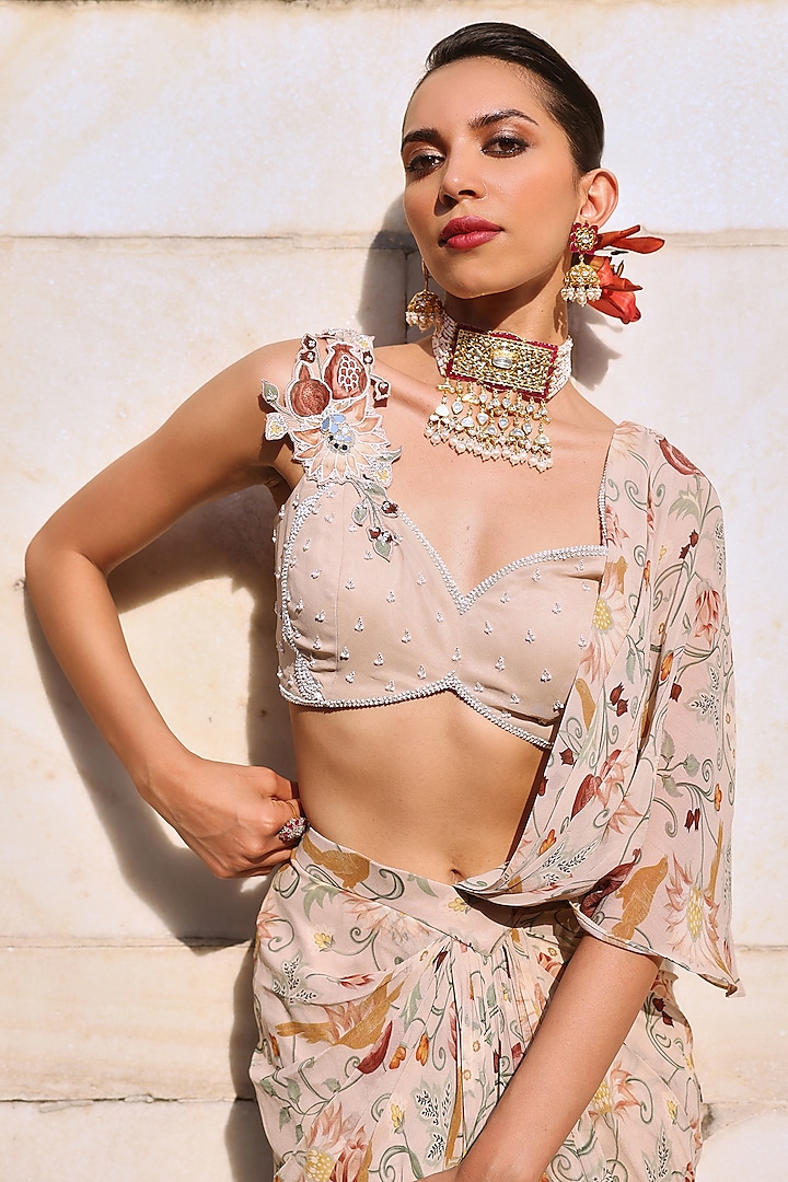 Blush Pink Georgette Printed Draped Skirt Wedding Saree Set by Seema Thukral at Pernia's Pop Up Shop