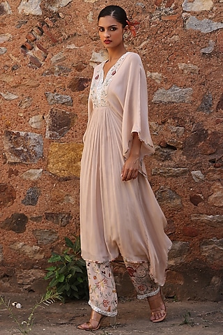 Blush Pink Chiffon Sequins Embellished Kaftan Set by Seema Thukral